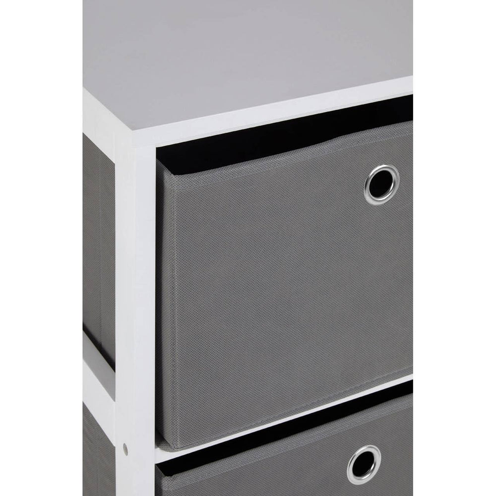 White storage unit with grey fabric drawer and metal ring handle close-up