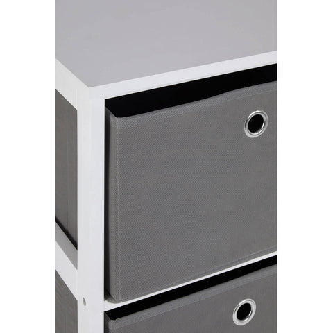 White storage unit with grey fabric drawer and metal ring handle close-up