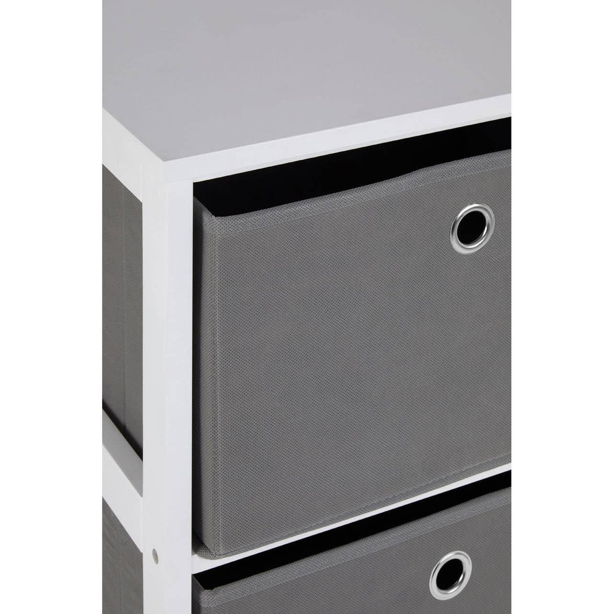 White storage unit with grey fabric drawer and metal ring handle close-up