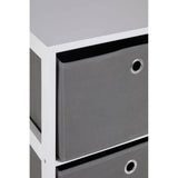 White storage unit with grey fabric drawer and metal ring handle close-up