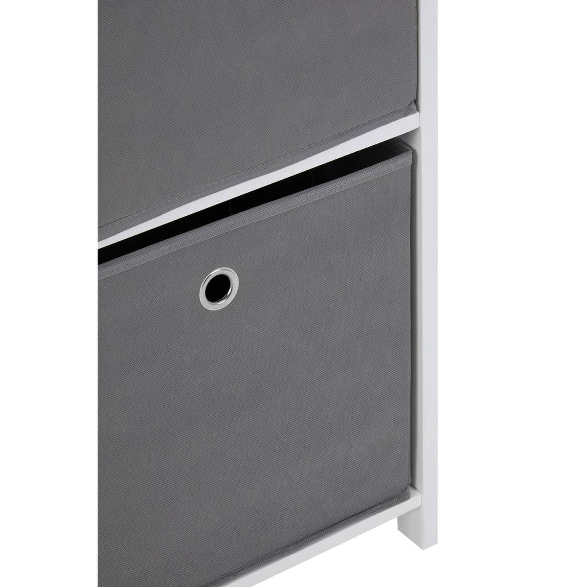Close up of grey fabric storage drawer with metal ring handle in white shelving unit