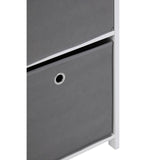Close up of grey fabric storage drawer with metal ring handle in white shelving unit