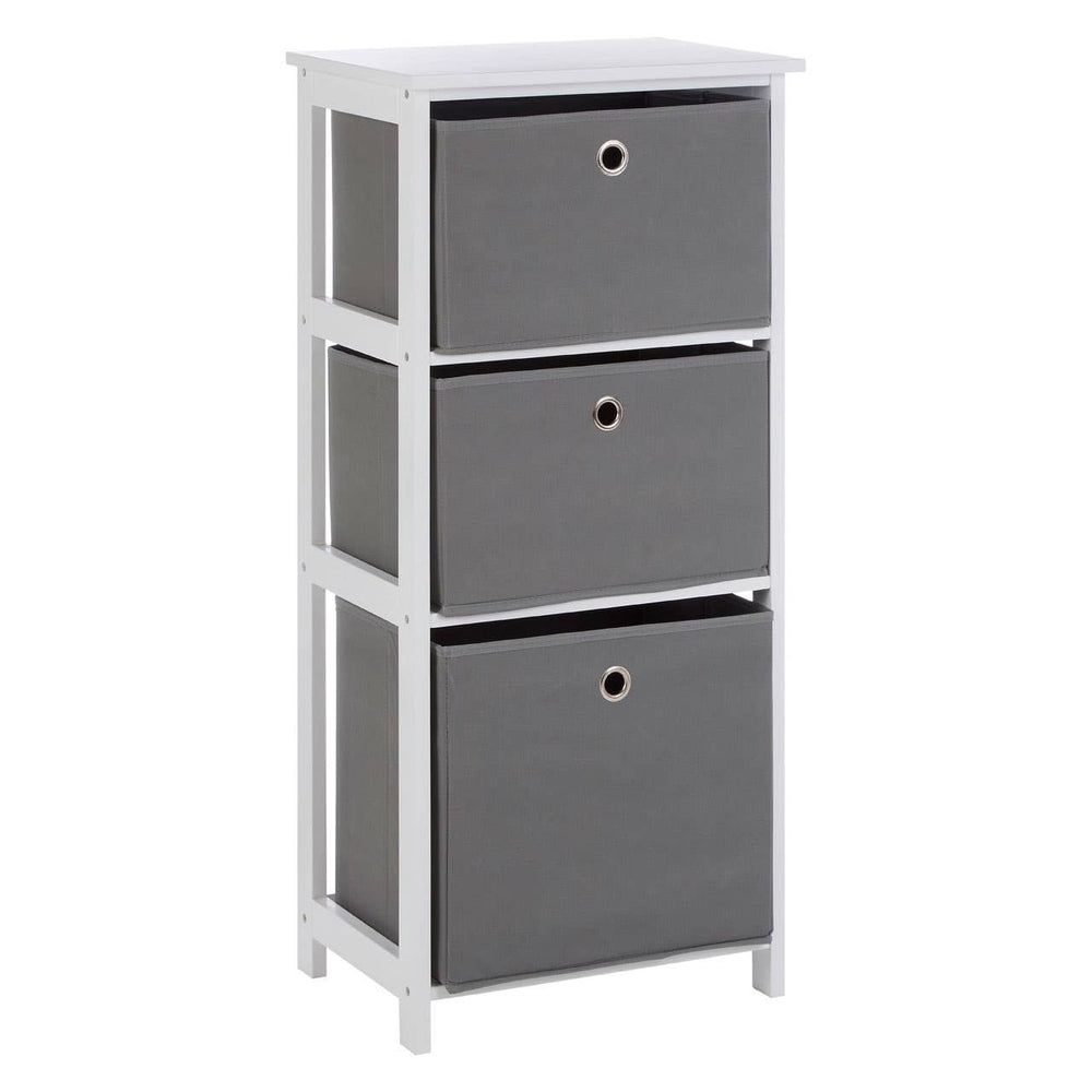 Three-drawer cabinet with a white frame and grey fabric drawers, featuring a simple design and round drawer pulls. The cabinet stands upright with a flat top surface, suitable for storage and organization in home settings