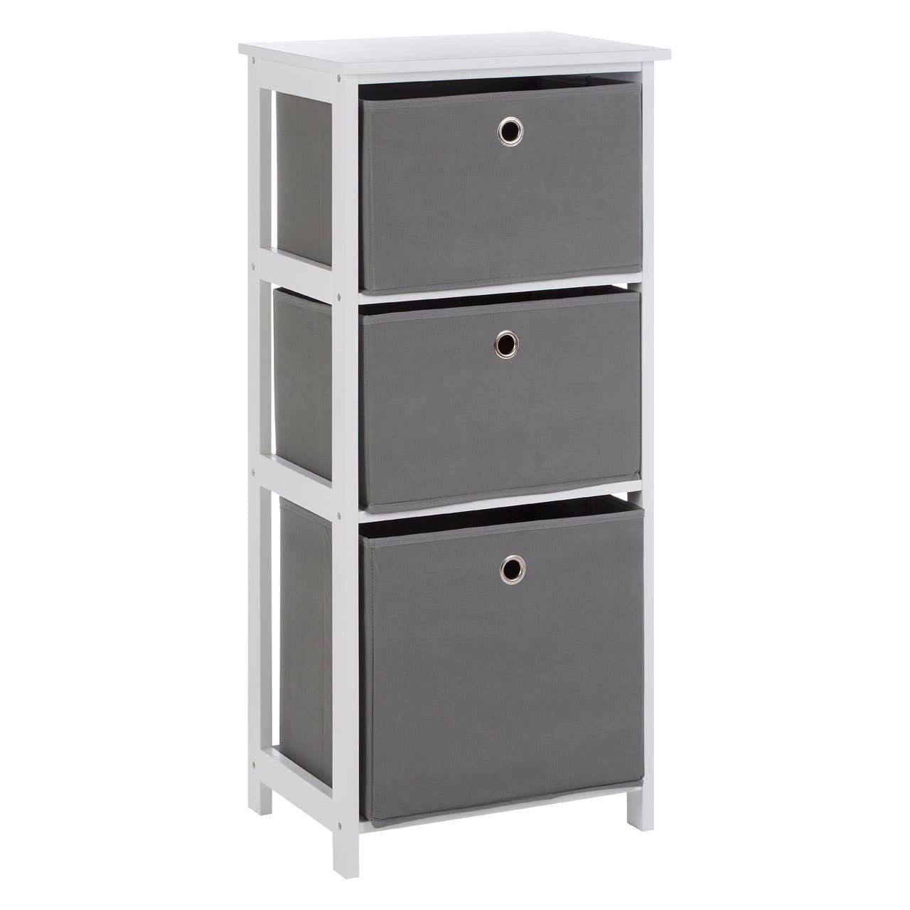 Three-drawer cabinet with a white frame and grey fabric drawers, featuring a simple design and round drawer pulls. The cabinet stands upright with a flat top surface, suitable for storage and organization in home settings