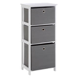 Three-drawer cabinet with a white frame and grey fabric drawers, featuring a simple design and round drawer pulls. The cabinet stands upright with a flat top surface, suitable for storage and organization in home settings
