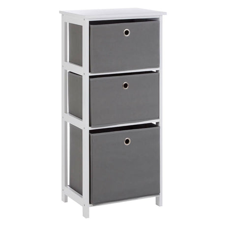 Three-drawer cabinet with a white frame and grey fabric drawers, featuring a simple design and round drawer pulls. The cabinet stands upright with a flat top surface, suitable for storage and organization in home settings