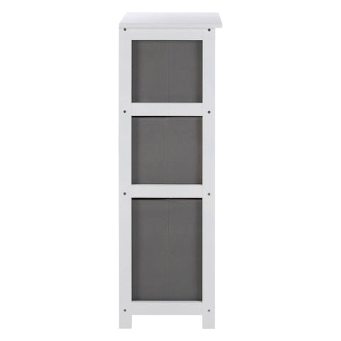 Tall cabinet with three grey fabric drawers, framed in a white structure. The drawers are neatly stacked, providing a modern and minimalist design suitable for home organization