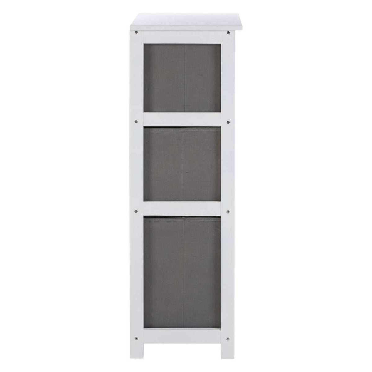 Tall cabinet with three grey fabric drawers, framed in a white structure. The drawers are neatly stacked, providing a modern and minimalist design suitable for home organization