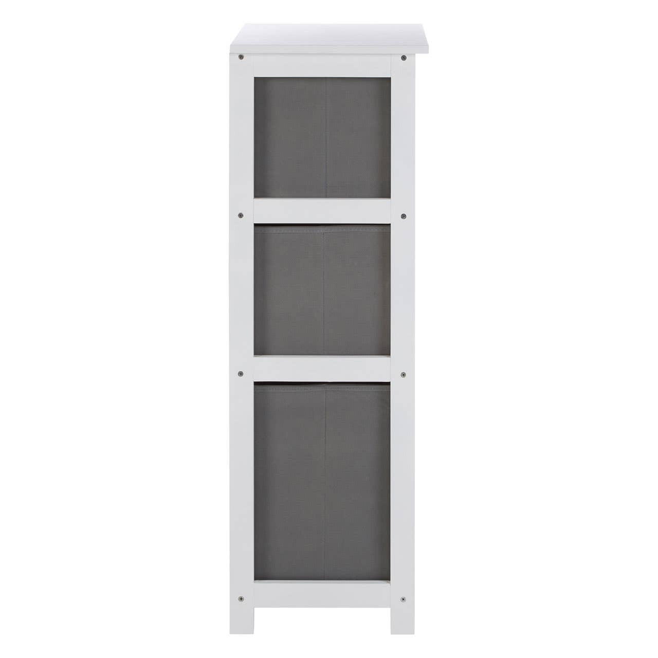 Tall cabinet with three grey fabric drawers, framed in a white structure. The drawers are neatly stacked, providing a modern and minimalist design suitable for home organization
