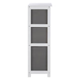 Tall cabinet with three grey fabric drawers, framed in a white structure. The drawers are neatly stacked, providing a modern and minimalist design suitable for home organization