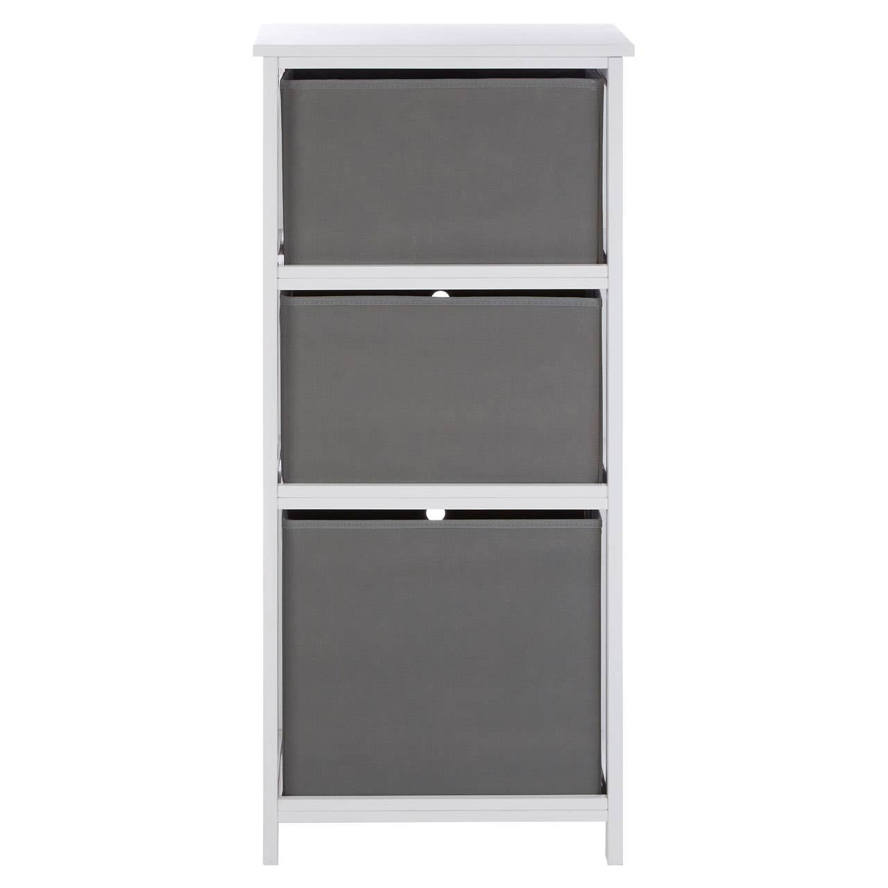 Three-drawer cabinet featuring a white frame and grey fabric drawers, designed for home storage. The drawers have a simple pull handle and are arranged vertically, providing a modern and minimalist look