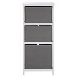 Three-drawer cabinet featuring a white frame and grey fabric drawers, designed for home storage. The drawers have a simple pull handle and are arranged vertically, providing a modern and minimalist look