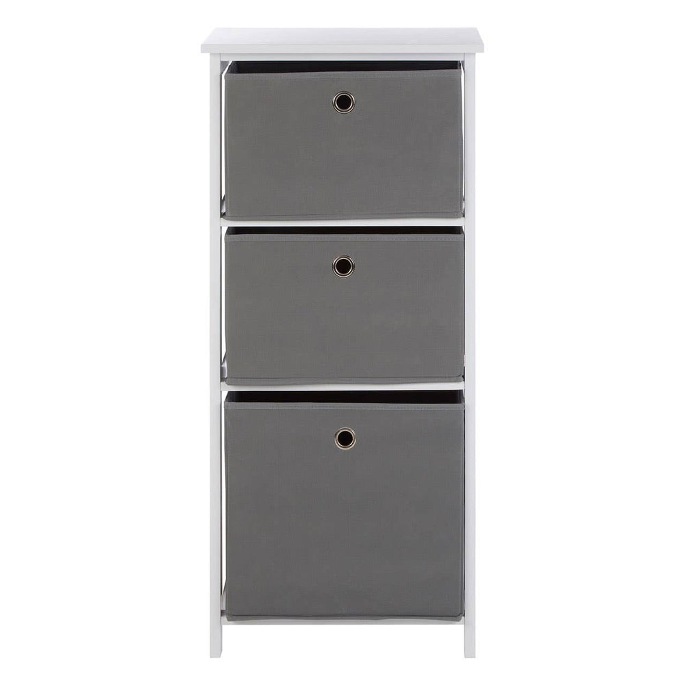 Three grey fabric drawers in a cabinet with a white top, featuring a simple design and round handles on each drawer. The cabinet stands on four legs, providing a modern and minimalist look suitable for home decor