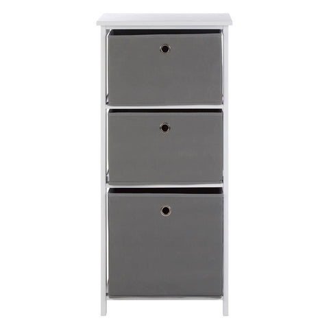 Three grey fabric drawers in a cabinet with a white top, featuring a simple design and round handles on each drawer. The cabinet stands on four legs, providing a modern and minimalist look suitable for home decor