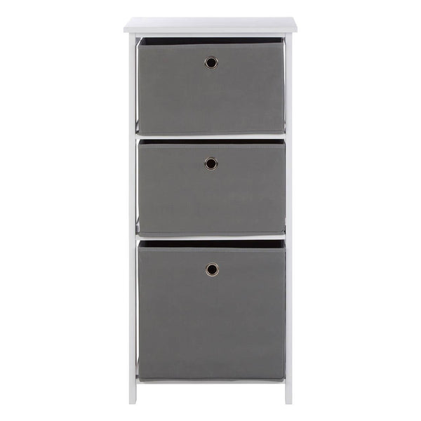 Three grey fabric drawers in a cabinet with a white top, featuring a simple design and round handles on each drawer. The cabinet stands on four legs, providing a modern and minimalist look suitable for home decor