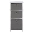 Three grey fabric drawers in a cabinet with a white top, featuring a simple design and round handles on each drawer. The cabinet stands on four legs, providing a modern and minimalist look suitable for home decor