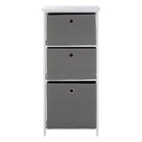 Three grey fabric drawers in a cabinet with a white top, featuring a simple design and round handles on each drawer. The cabinet stands on four legs, providing a modern and minimalist look suitable for home decor