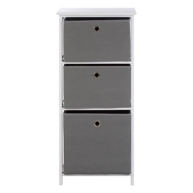 Three grey fabric drawers in a cabinet with a white top, featuring a simple design and round handles on each drawer. The cabinet stands on four legs, providing a modern and minimalist look suitable for home decor