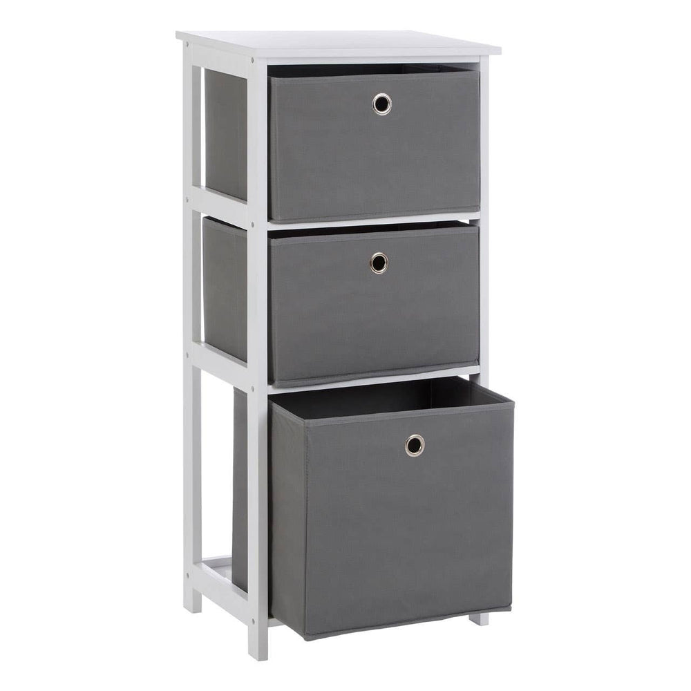 Three-drawer cabinet featuring a white frame and three grey fabric drawers with circular cut-out handles, designed for storage and organization in home settings
