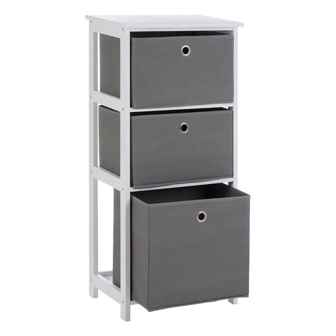 Three-drawer cabinet featuring a white frame and three grey fabric drawers with circular cut-out handles, designed for storage and organization in home settings