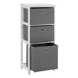 Three-drawer cabinet featuring a white frame and three grey fabric drawers with circular cut-out handles, designed for storage and organization in home settings