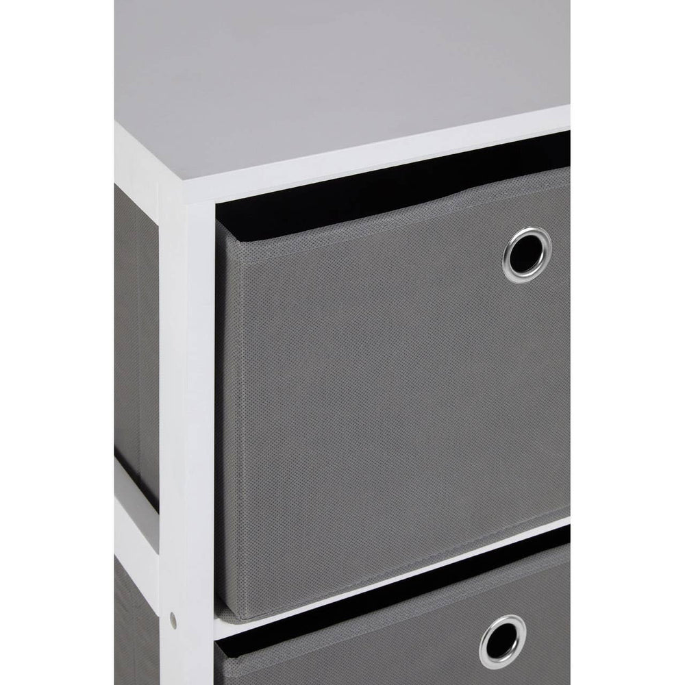 Three grey fabric drawers with a sleek white frame, featuring circular cut-out handles for easy access. The cabinet has a modern design, suitable for home organization