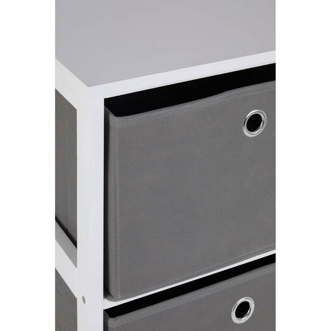Three grey fabric drawers with a sleek white frame, featuring circular cut-out handles for easy access. The cabinet has a modern design, suitable for home organization
