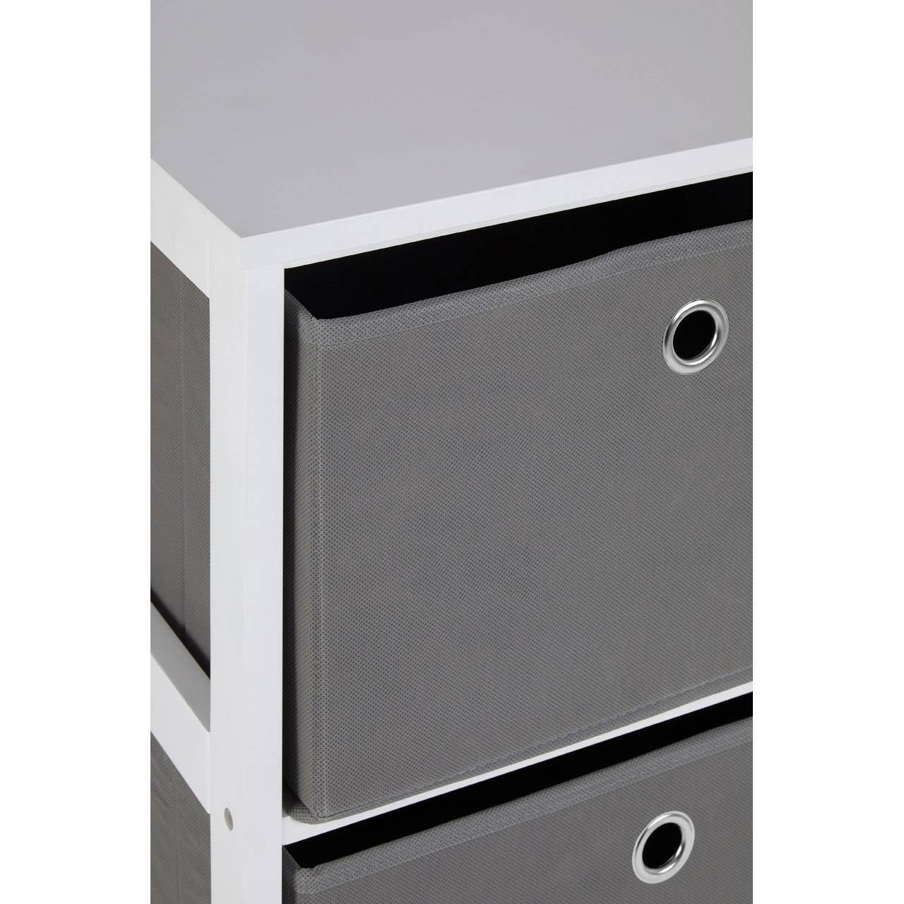 Three grey fabric drawers with a sleek white frame, featuring circular cut-out handles for easy access. The cabinet has a modern design, suitable for home organization