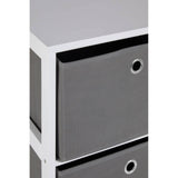 Three grey fabric drawers with a sleek white frame, featuring circular cut-out handles for easy access. The cabinet has a modern design, suitable for home organization