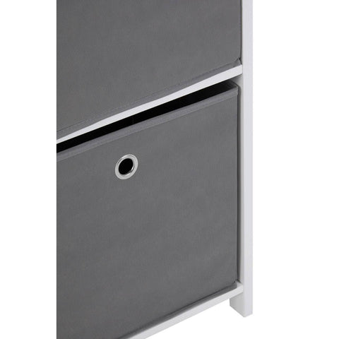 Three grey fabric drawers with circular cut-out handles, set within a sleek white frame, showcasing a modern cabinet design