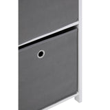 Three grey fabric drawers with circular cut-out handles, set within a sleek white frame, showcasing a modern cabinet design