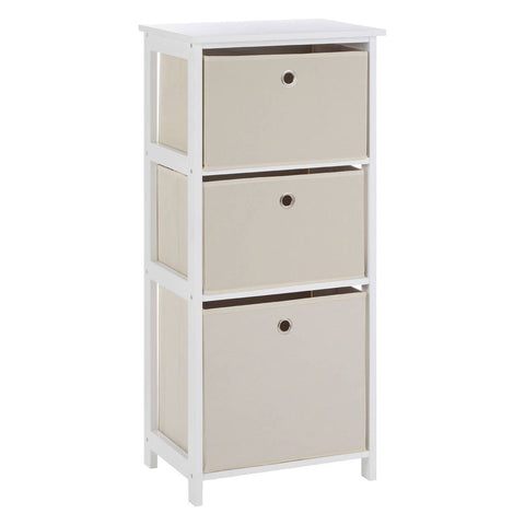 Three-drawer cabinet featuring a white frame and natural fabric drawers in a light beige color, each with a round knob for easy opening. The cabinet has a simple, modern design suitable for various home decor styles