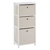 Three-drawer cabinet featuring a white frame and natural fabric drawers in a light beige color, each with a round knob for easy opening. The cabinet has a simple, modern design suitable for various home decor styles