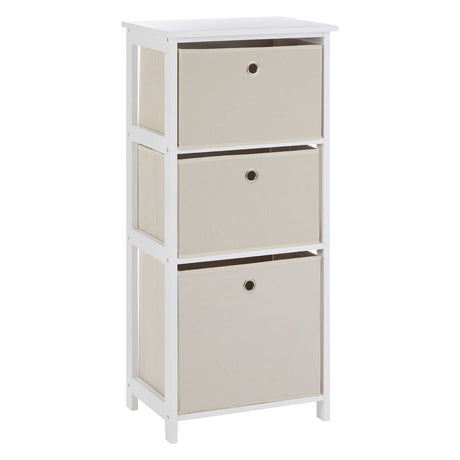 Three-drawer cabinet featuring a white frame and natural fabric drawers in a light beige color, each with a round knob for easy opening. The cabinet has a simple, modern design suitable for various home decor styles