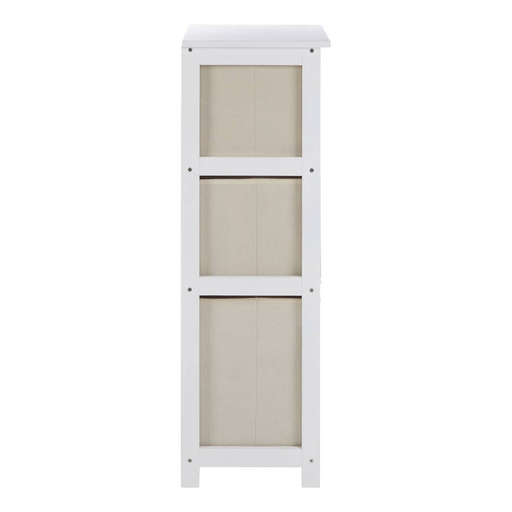 Tall white cabinet with three natural fabric drawers, featuring a simple and modern design suitable for home organization. The drawers are light beige, providing a soft contrast to the white frame