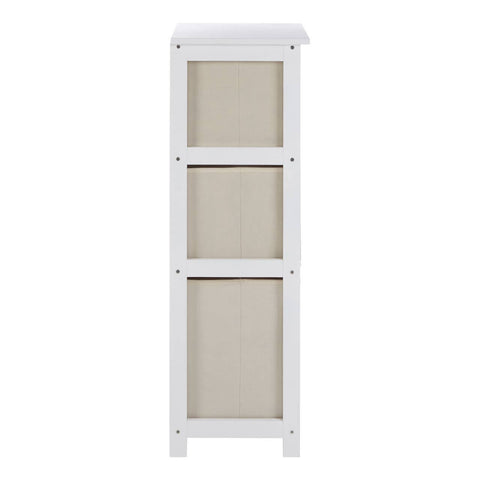 Tall white cabinet with three natural fabric drawers, featuring a simple and modern design suitable for home organization. The drawers are light beige, providing a soft contrast to the white frame