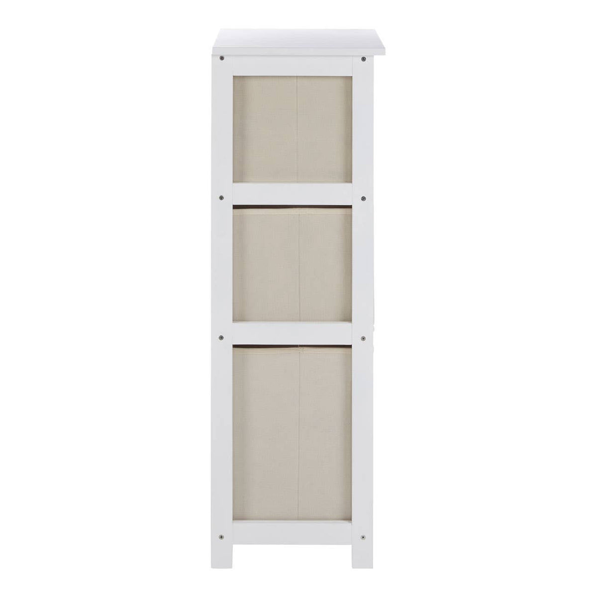 Tall white cabinet with three natural fabric drawers, featuring a simple and modern design suitable for home organization. The drawers are light beige, providing a soft contrast to the white frame