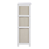 Tall white cabinet with three natural fabric drawers, featuring a simple and modern design suitable for home organization. The drawers are light beige, providing a soft contrast to the white frame