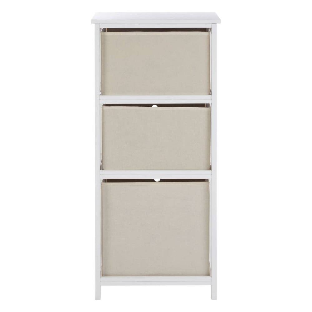 Tall cabinet with three natural fabric drawers, featuring a white frame and a minimalist design, suitable for home organization and storage
