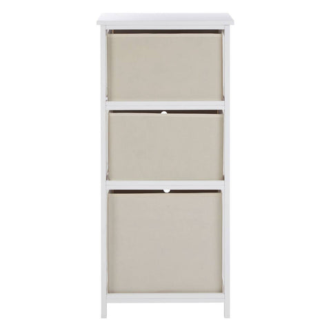 Tall cabinet with three natural fabric drawers, featuring a white frame and a minimalist design, suitable for home organization and storage