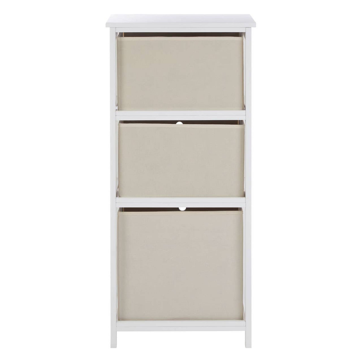 Tall cabinet with three natural fabric drawers, featuring a white frame and a minimalist design, suitable for home organization and storage