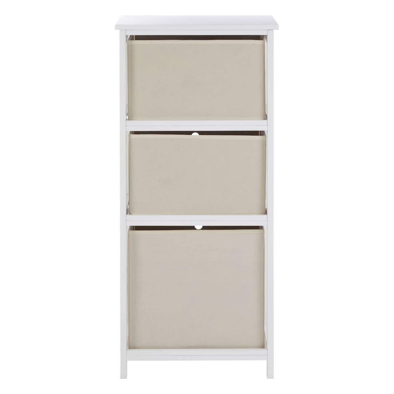 Tall cabinet with three natural fabric drawers, featuring a white frame and a minimalist design, suitable for home organization and storage