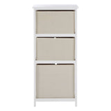 Tall cabinet with three natural fabric drawers, featuring a white frame and a minimalist design, suitable for home organization and storage