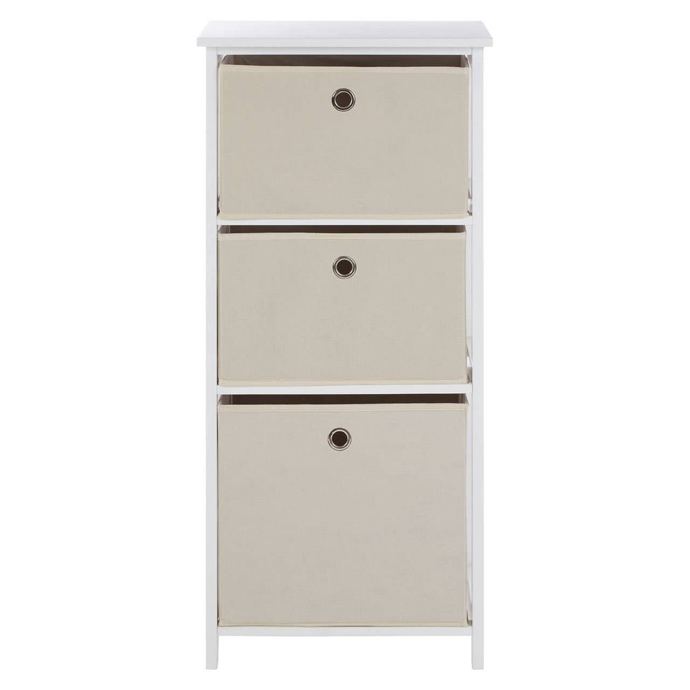 Tall cabinet with three natural fabric drawers, each featuring a round handle, set against a white frame. The cabinet has a smooth top surface and a minimalist design, suitable for home organization