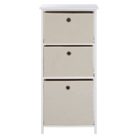 Tall cabinet with three natural fabric drawers, each featuring a round handle, set against a white frame. The cabinet has a smooth top surface and a minimalist design, suitable for home organization