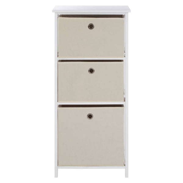 Tall cabinet with three natural fabric drawers, each featuring a round handle, set against a white frame. The cabinet has a smooth top surface and a minimalist design, suitable for home organization