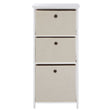 Tall cabinet with three natural fabric drawers, each featuring a round handle, set against a white frame. The cabinet has a smooth top surface and a minimalist design, suitable for home organization