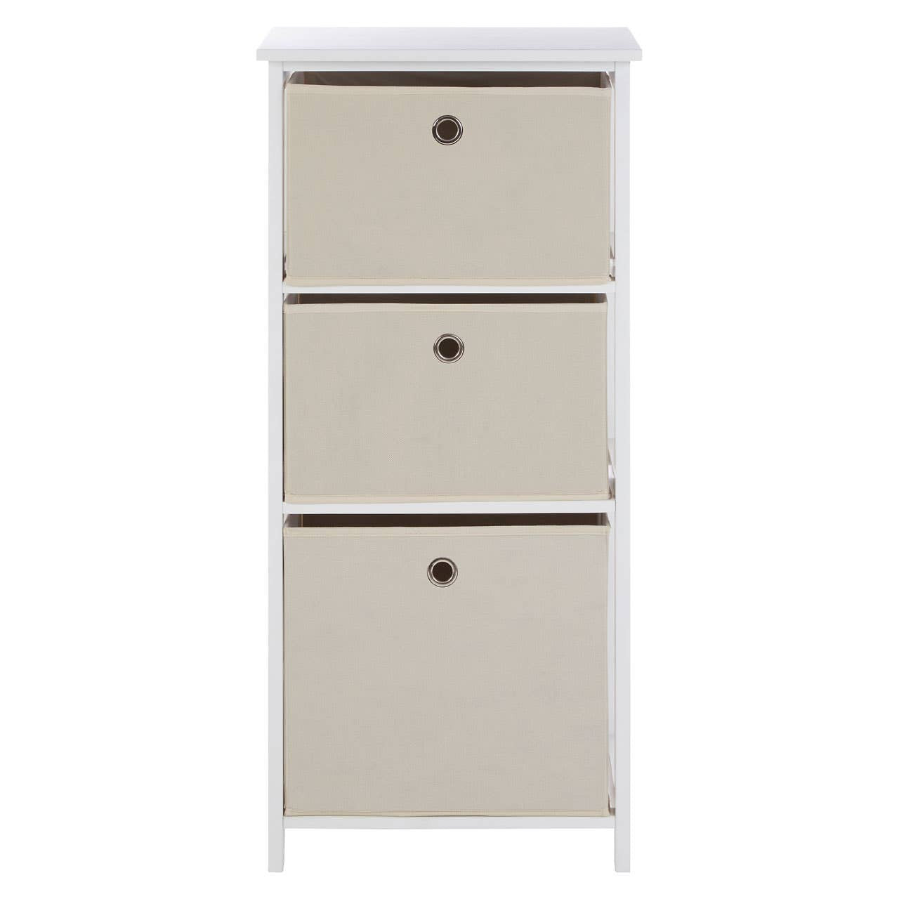 Tall cabinet with three natural fabric drawers, each featuring a round handle, set against a white frame. The cabinet has a smooth top surface and a minimalist design, suitable for home organization