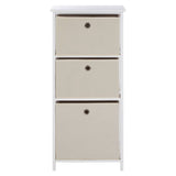 Tall cabinet with three natural fabric drawers, each featuring a round handle, set against a white frame. The cabinet has a smooth top surface and a minimalist design, suitable for home organization