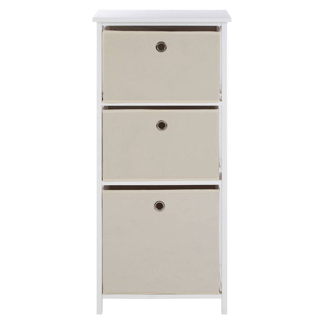 Tall cabinet with three natural fabric drawers, each featuring a round handle, set against a white frame. The cabinet has a smooth top surface and a minimalist design, suitable for home organization